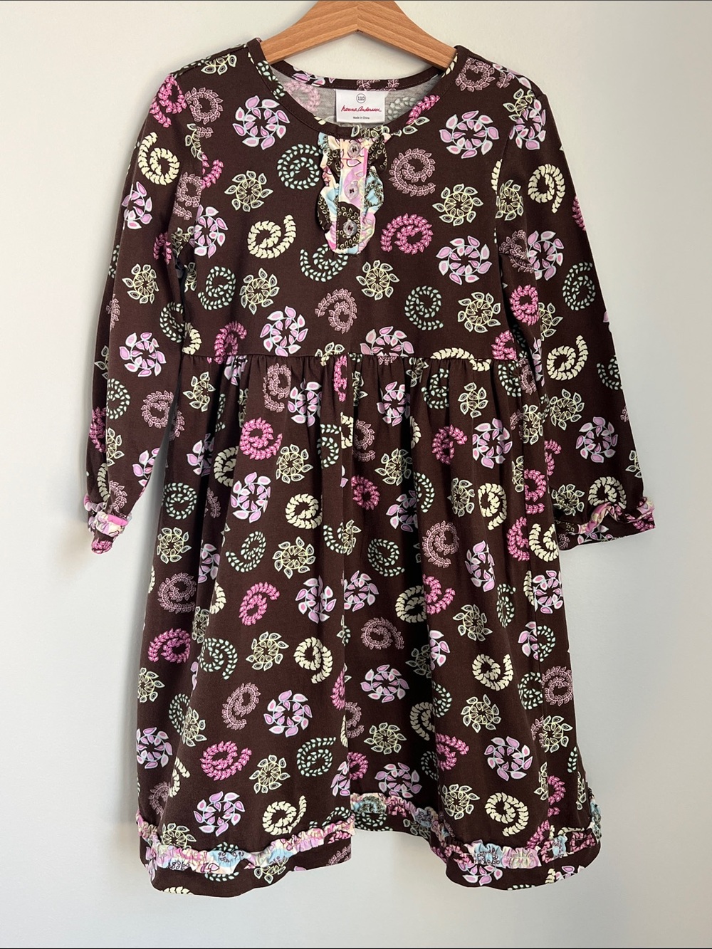 Hanna Andersson | Brown Floral Long-Sleeve Dress Pink Cream Details Sz 5 (110)